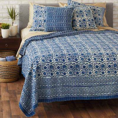 Indigo Blue Hand Block Dabu Print Cotton Kantha Bed Cover Bedspread Quilt Throw 