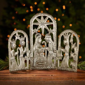 recycled metal trifold nativity
